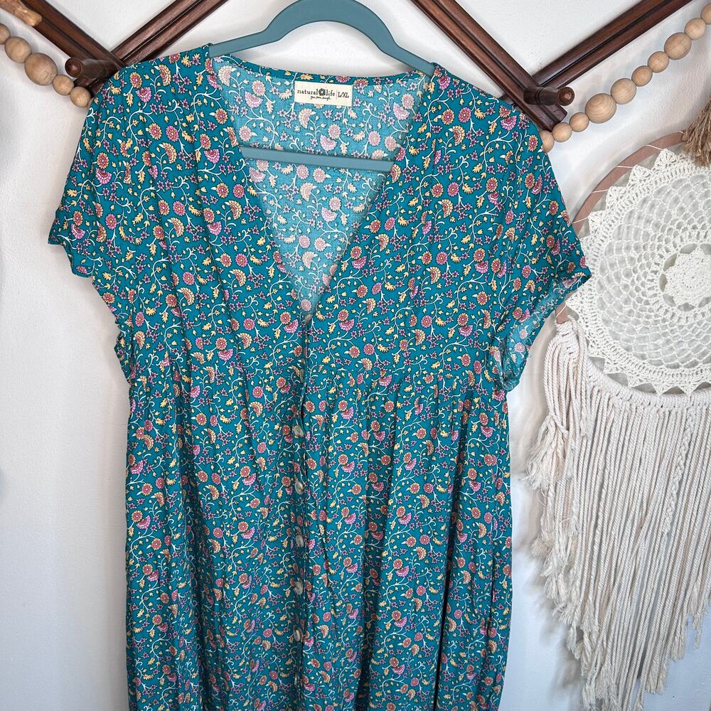 Natural Life Avery Teal Floral Boho Button Dress